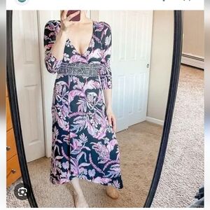 Lilly Pulitzer Black Midi Dress with Pink & White Floral Print Flueris Midi Oynx